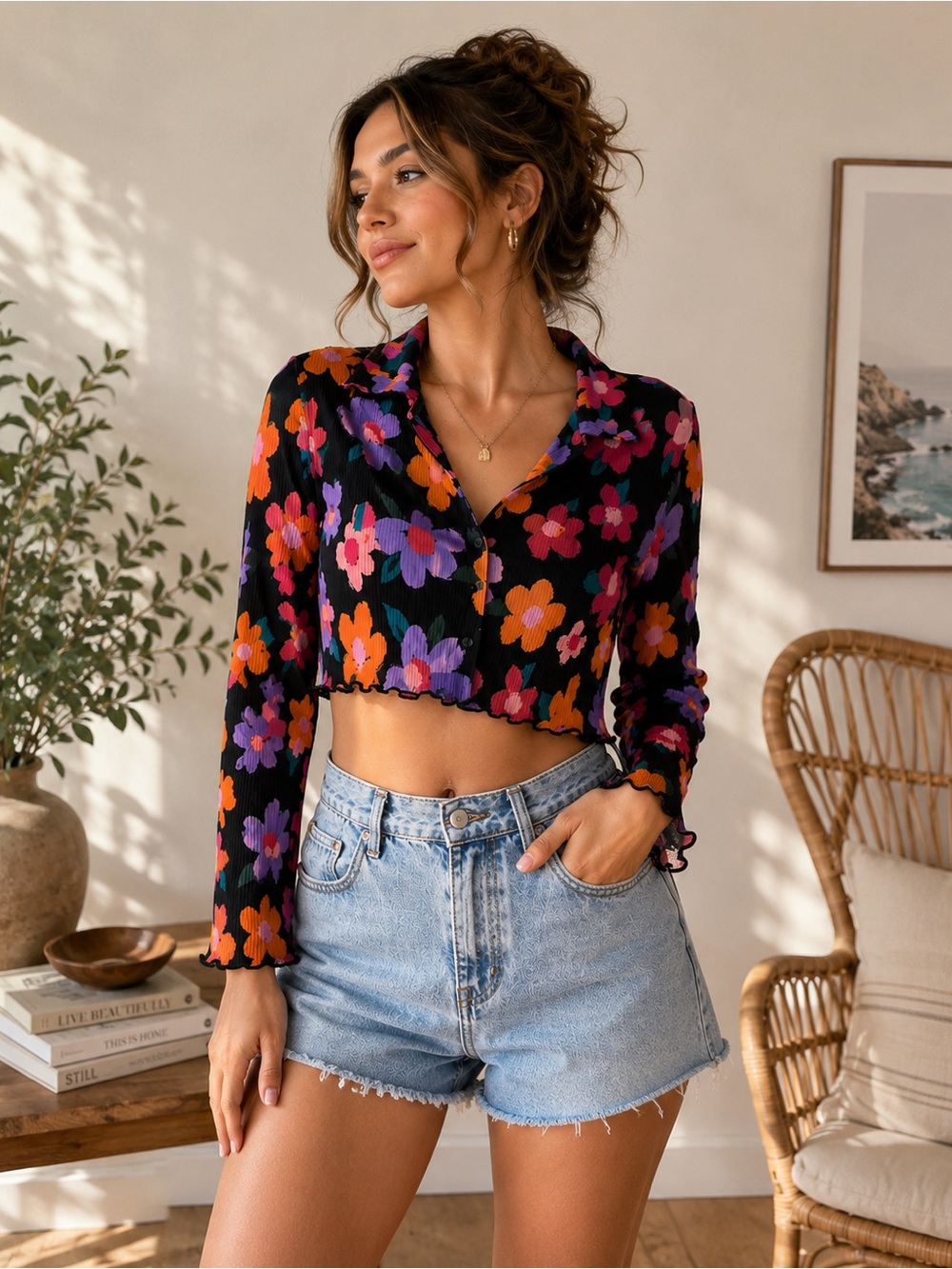 Baevely Floral Plisse Crinkle Satin Button Down Top Long Sleeve Crop Blouse